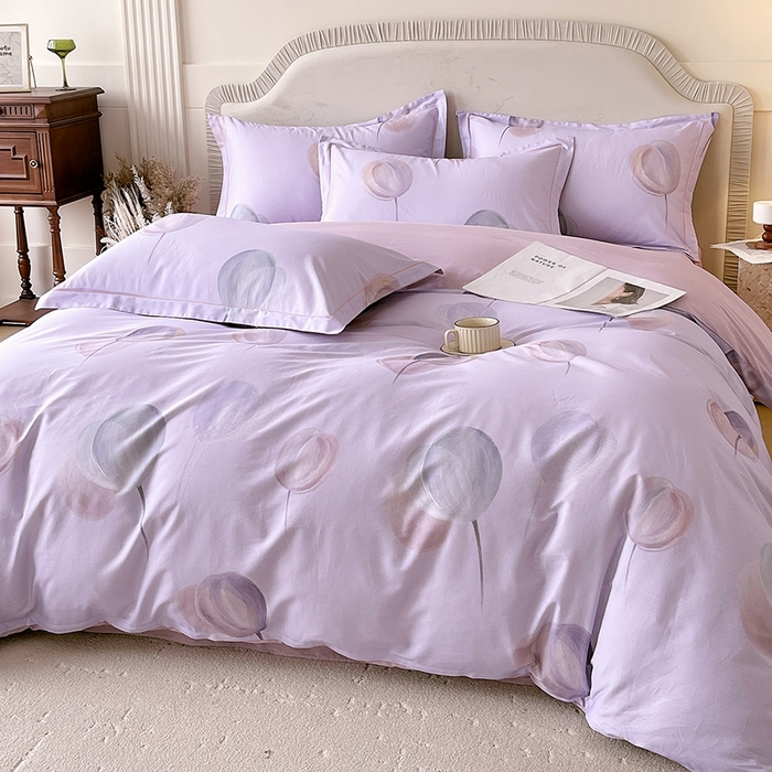 91家纺网 家纺一手货源 找家纺 梧桐树 2026新款高支密全棉纯棉印花四件套 A608静待花开紫