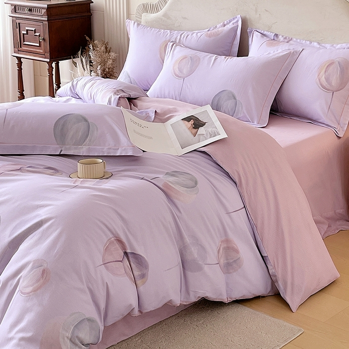 91家纺网 家纺一手货源 找家纺 梧桐树 2026新款高支密全棉纯棉印花四件套 A608静待花开紫