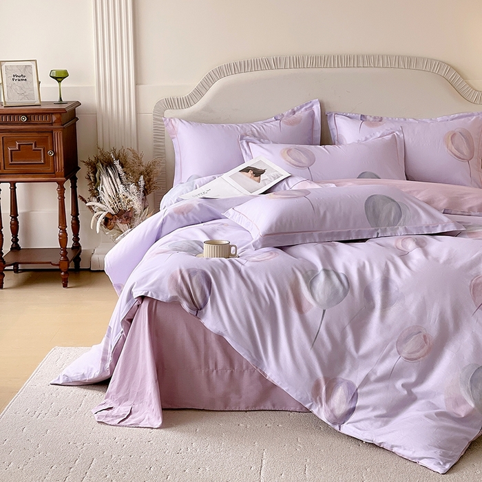 91家纺网 家纺一手货源 找家纺 梧桐树 2026新款高支密全棉纯棉印花四件套 A608静待花开紫