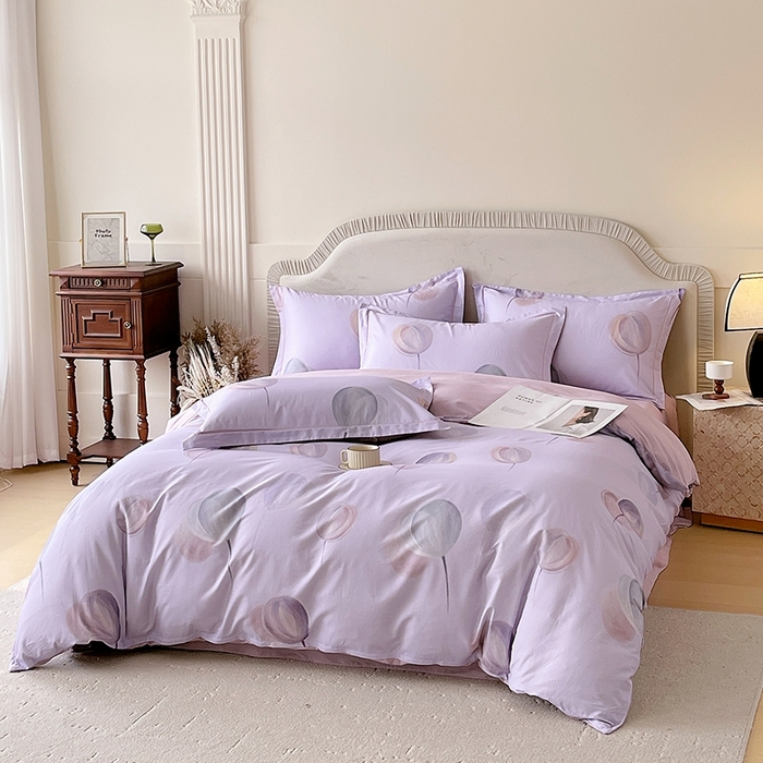 91家纺网 家纺一手货源 找家纺 梧桐树 2026新款高支密全棉纯棉印花四件套 A608静待花开紫