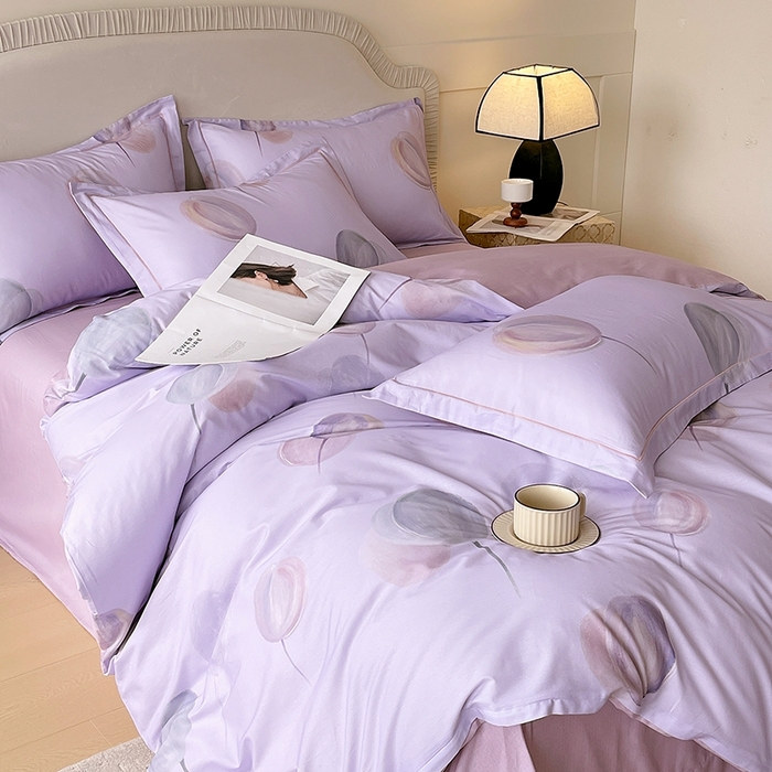 91家纺网 家纺一手货源 找家纺 梧桐树 2026新款高支密全棉纯棉印花四件套 A608静待花开紫