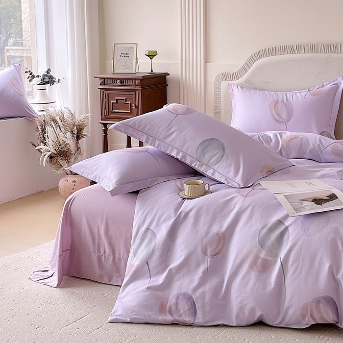 91家纺网 家纺一手货源 找家纺 梧桐树 2026新款高支密全棉纯棉印花四件套 A608静待花开紫