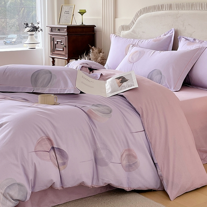 91家纺网 家纺一手货源 找家纺 梧桐树 2026新款高支密全棉纯棉印花四件套 A608静待花开紫