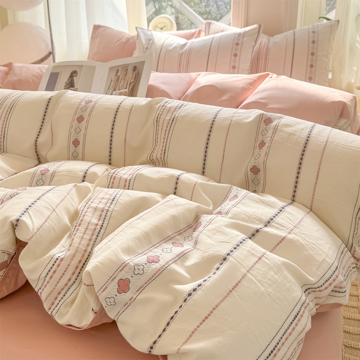 灰鲸 2026新款A类全棉纯棉色织提花四件套 四叶星语-粉