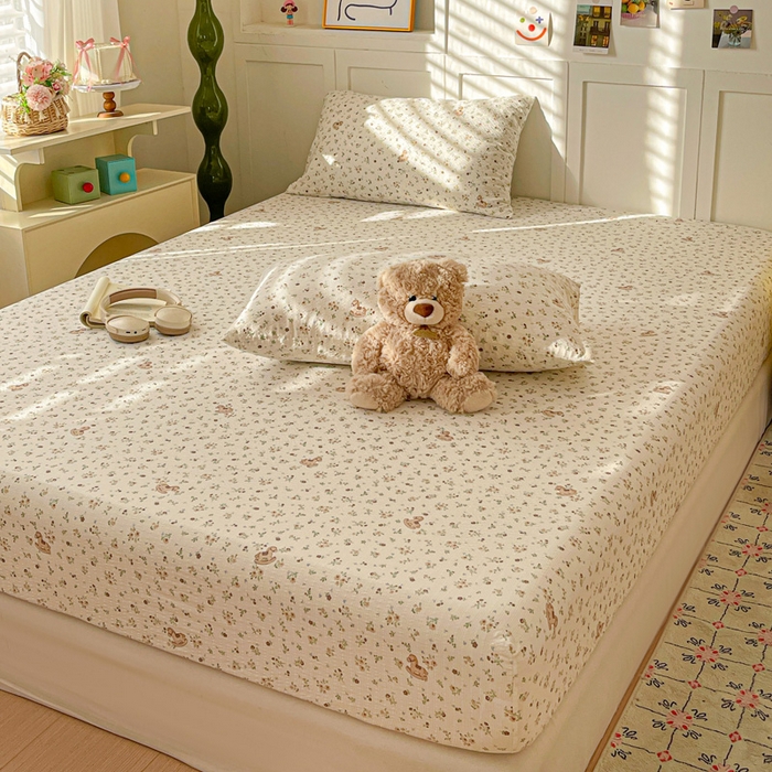 91家纺网 家纺一手货源 找家纺 小桃姐家纺 2025新款超柔印花云感泡芙双层纱床笠单件床笠二三件套 小木马