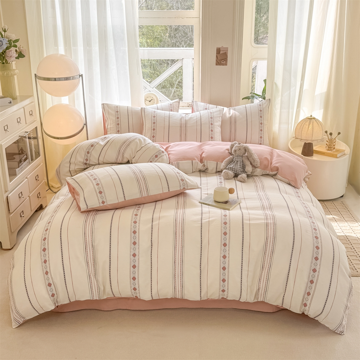 91家纺网 家纺一手货源 找家纺 灰鲸 2026新款A类全棉纯棉色织提花四件套 四叶星语-粉