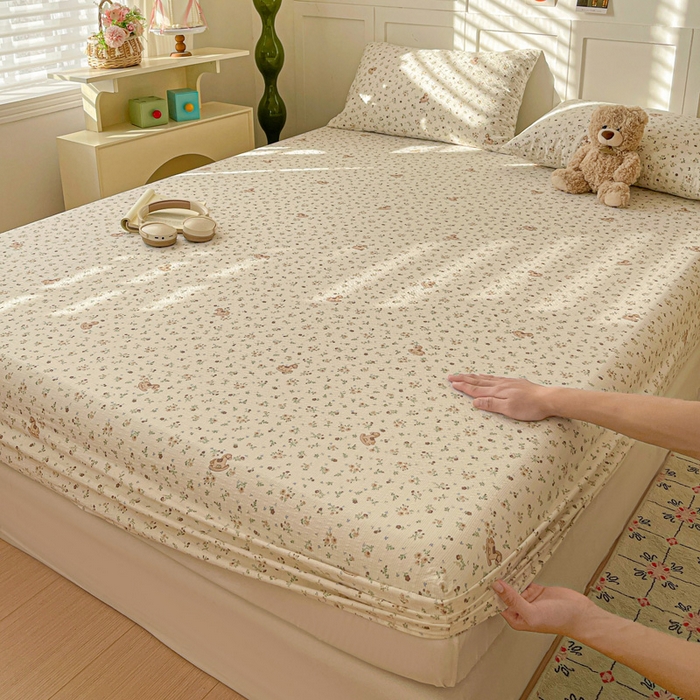 91家纺网 家纺一手货源 找家纺 小桃姐家纺 2025新款超柔印花云感泡芙双层纱床笠单件床笠二三件套 小木马