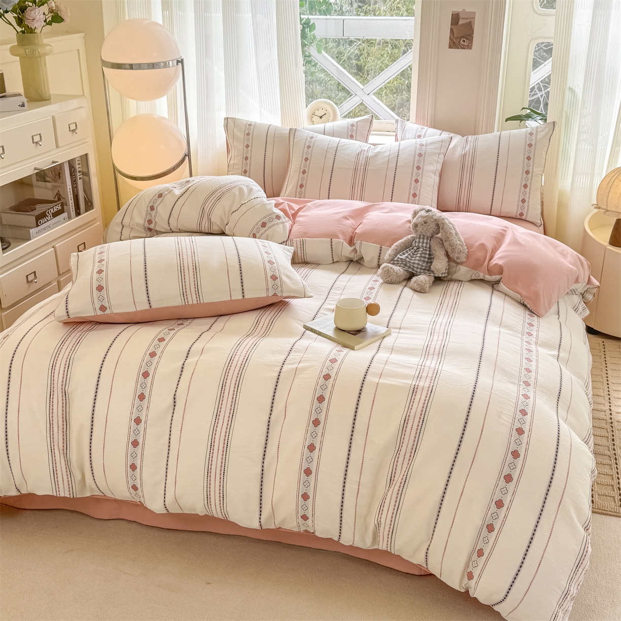 91家纺网 家纺一手货源 找家纺 灰鲸 2026新款A类全棉纯棉色织提花四件套 四叶星语-粉