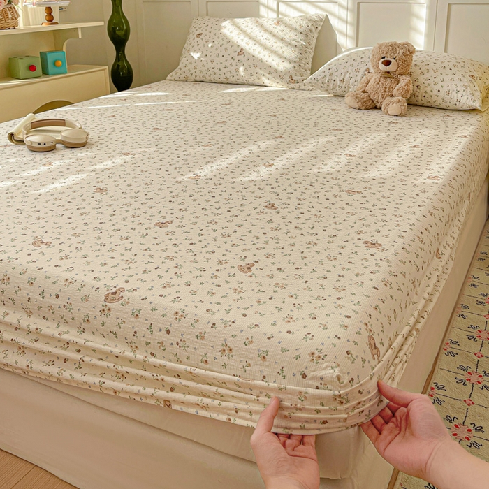 91家纺网 家纺一手货源 找家纺 小桃姐家纺 2025新款超柔印花云感泡芙双层纱床笠单件床笠二三件套 小木马