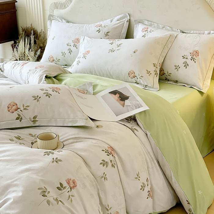 91家纺网 家纺一手货源 找家纺 梧桐树 2026新款高支密全棉纯棉印花四件套 A609妮可绿