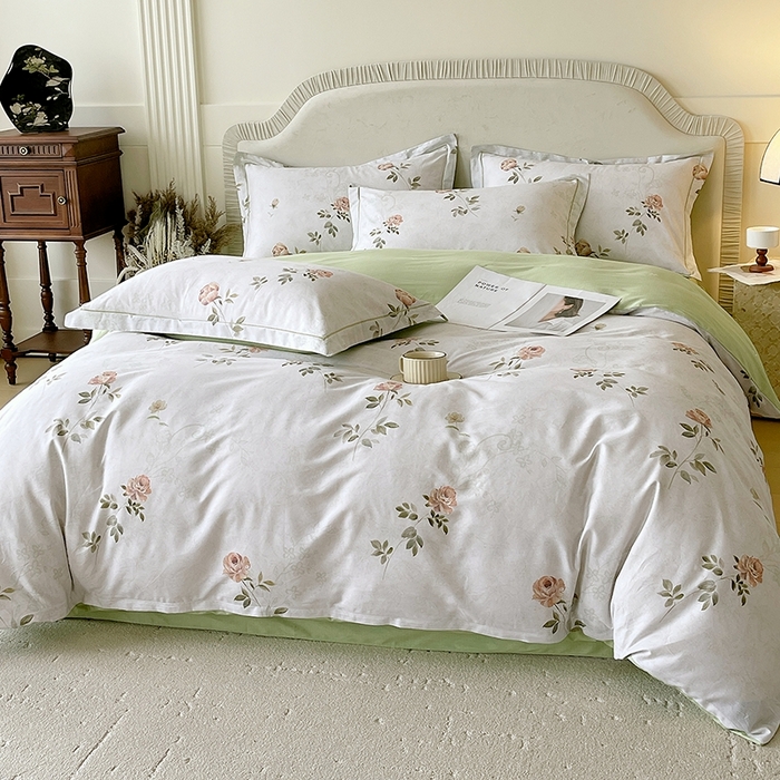 91家纺网 家纺一手货源 找家纺 梧桐树 2026新款高支密全棉纯棉印花四件套 A609妮可绿