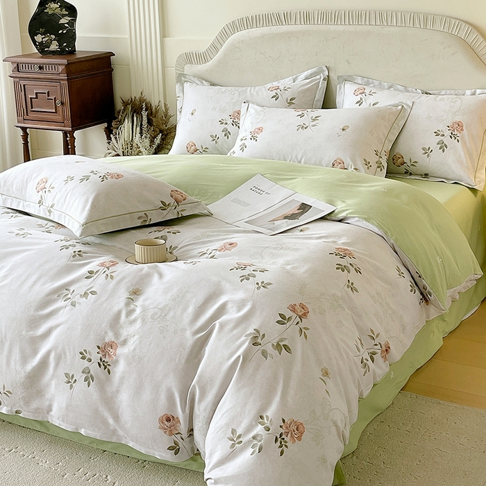 91家纺网 家纺一手货源 找家纺 梧桐树 2026新款高支密全棉纯棉印花四件套 A609妮可绿