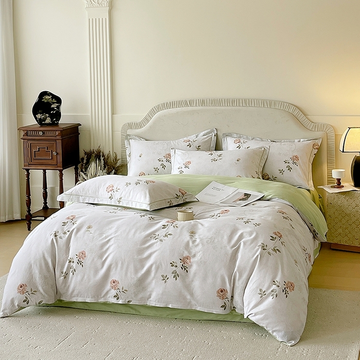 91家纺网 家纺一手货源 找家纺 梧桐树 2026新款高支密全棉纯棉印花四件套 A609妮可绿