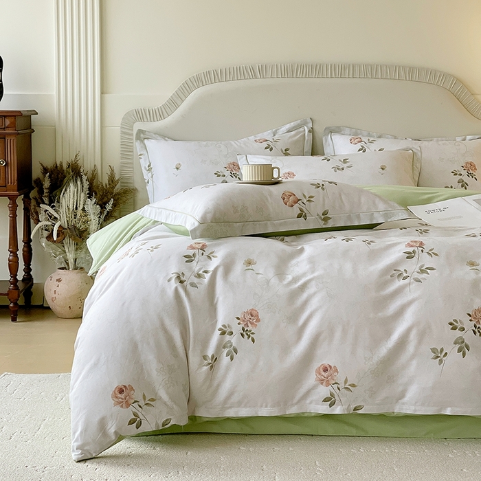 91家纺网 家纺一手货源 找家纺 梧桐树 2026新款高支密全棉纯棉印花四件套 A609妮可绿