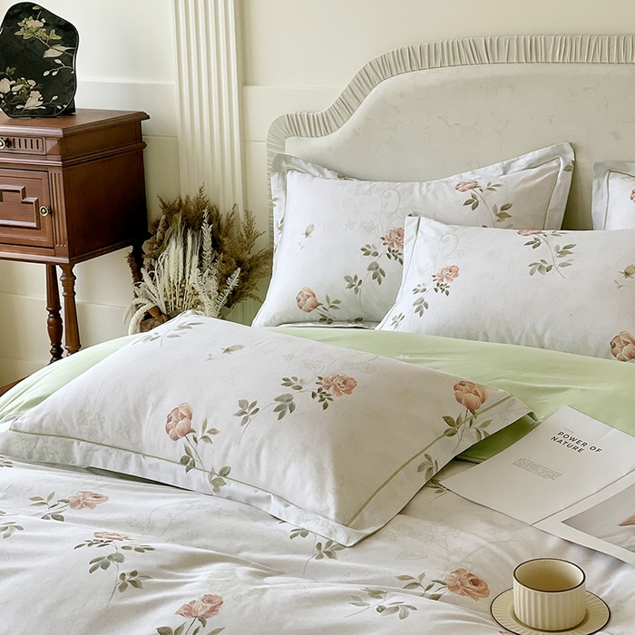 91家纺网 家纺一手货源 找家纺 梧桐树 2026新款高支密全棉纯棉印花四件套 A609妮可绿