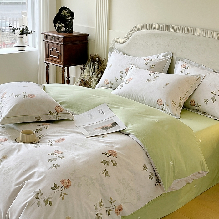 91家纺网 家纺一手货源 找家纺 梧桐树 2026新款高支密全棉纯棉印花四件套 A609妮可绿