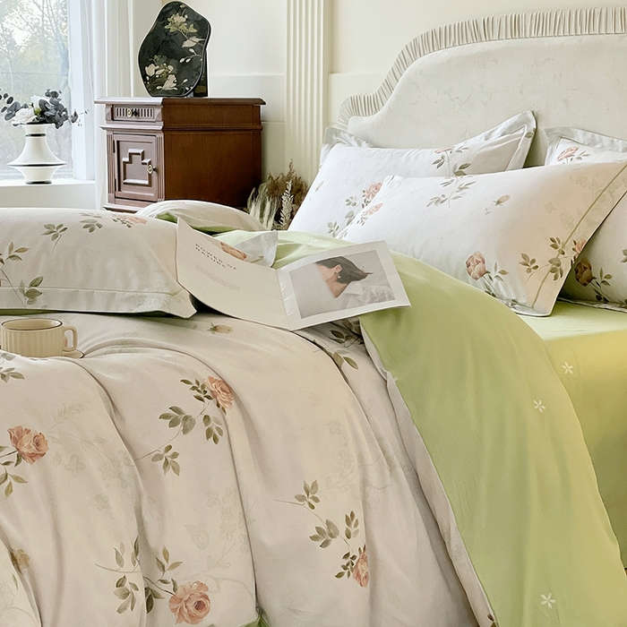 91家纺网 家纺一手货源 找家纺 梧桐树 2026新款高支密全棉纯棉印花四件套 A609妮可绿