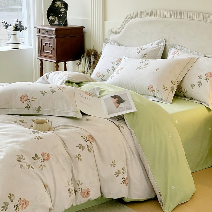 91家纺网 家纺一手货源 找家纺 梧桐树 2026新款高支密全棉纯棉印花四件套 A609妮可绿