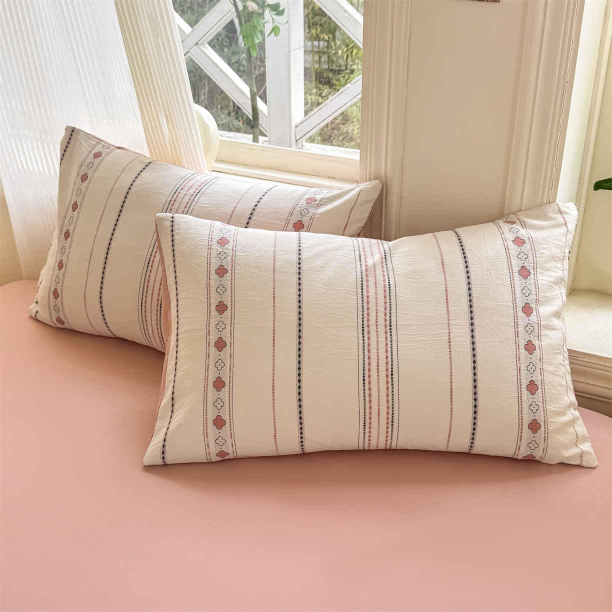 91家纺网 家纺一手货源 找家纺 灰鲸 2026新款A类全棉纯棉色织提花四件套 四叶星语-粉