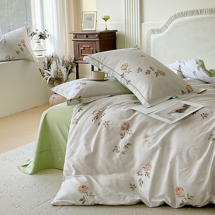 91家纺网 家纺一手货源 找家纺 梧桐树 2026新款高支密全棉纯棉印花四件套 A609妮可绿