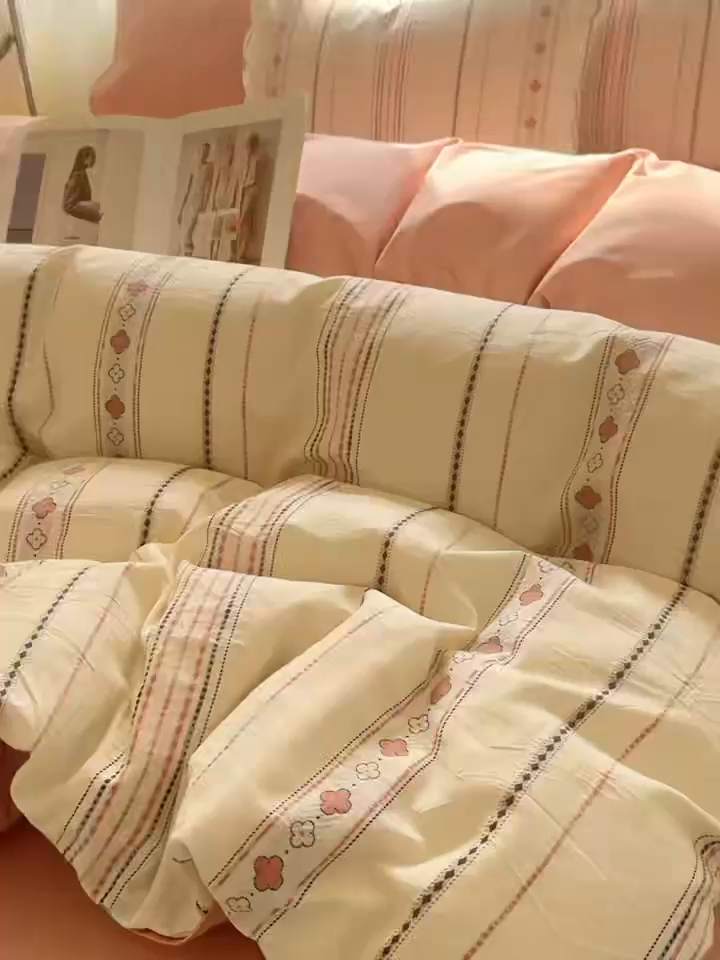 91家纺网 家纺一手货源 找家纺 灰鲸 2026新款A类全棉纯棉色织提花四件套 四叶星语-粉