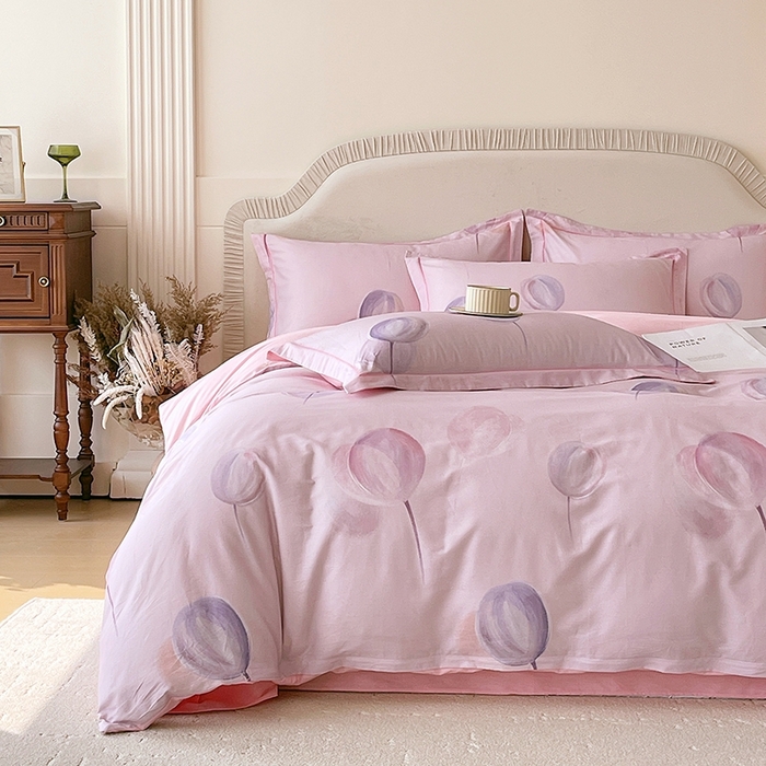 91家纺网 家纺一手货源 找家纺 梧桐树 2026新款高支密全棉纯棉印花四件套 A610静待花开粉