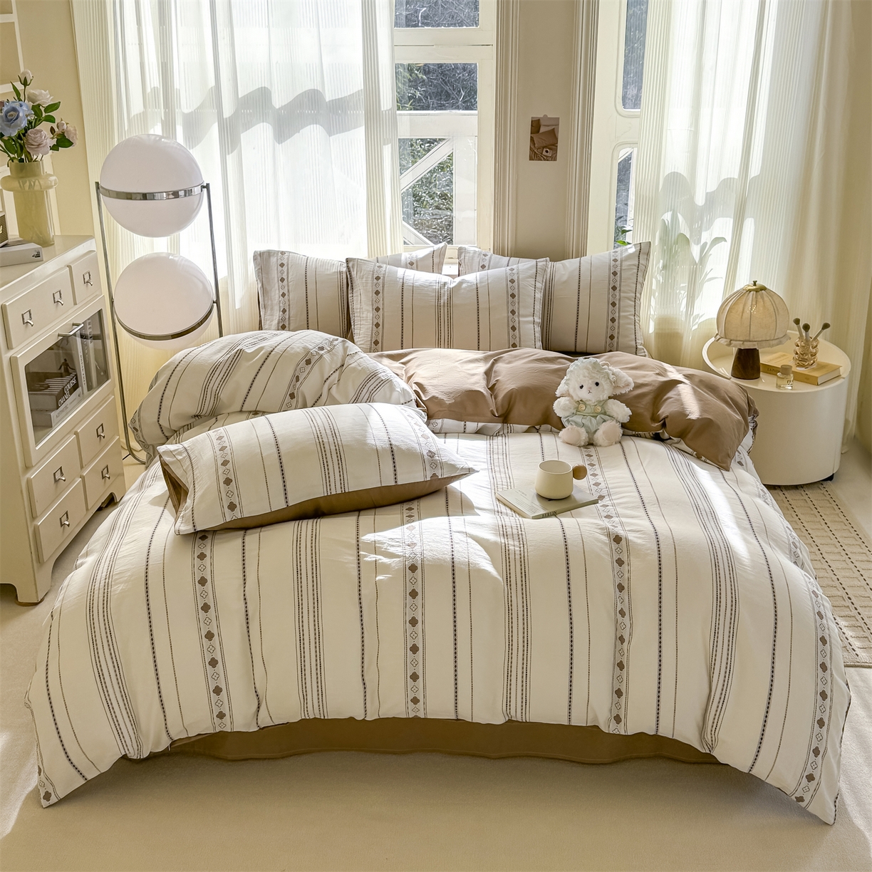 91家纺网 家纺一手货源 找家纺 灰鲸 2026新款A类全棉纯棉色织提花四件套 四叶星语-咖