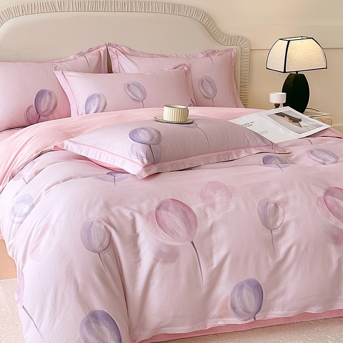 91家纺网 家纺一手货源 找家纺 梧桐树 2026新款高支密全棉纯棉印花四件套 A610静待花开粉