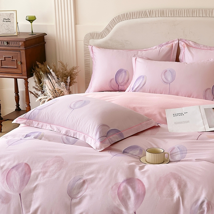 91家纺网 家纺一手货源 找家纺 梧桐树 2026新款高支密全棉纯棉印花四件套 A610静待花开粉