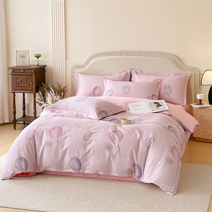 91家纺网 家纺一手货源 找家纺 梧桐树 2026新款高支密全棉纯棉印花四件套 A610静待花开粉