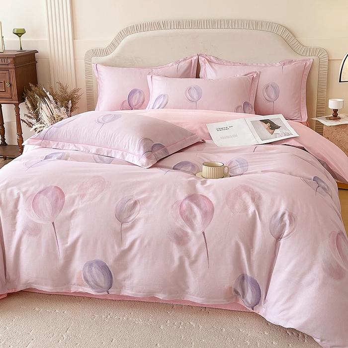 91家纺网 家纺一手货源 找家纺 梧桐树 2026新款高支密全棉纯棉印花四件套 A610静待花开粉