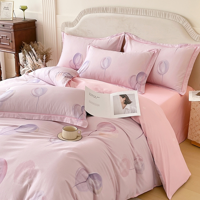 91家纺网 家纺一手货源 找家纺 梧桐树 2026新款高支密全棉纯棉印花四件套 A610静待花开粉