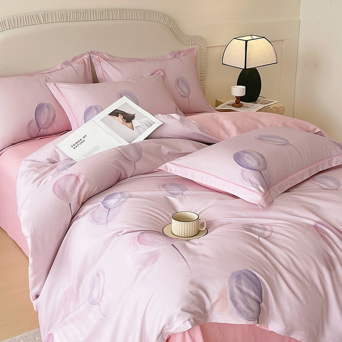 91家纺网 家纺一手货源 找家纺 梧桐树 2026新款高支密全棉纯棉印花四件套 A610静待花开粉