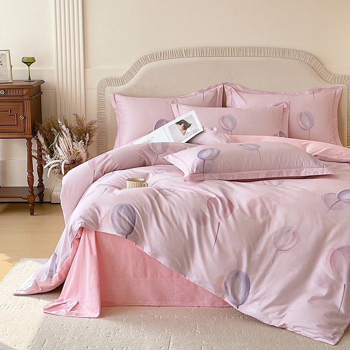 91家纺网 家纺一手货源 找家纺 梧桐树 2026新款高支密全棉纯棉印花四件套 A610静待花开粉