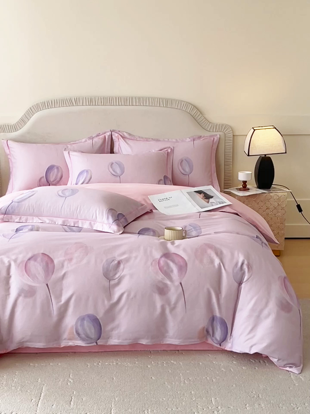 91家纺网 家纺一手货源 找家纺 梧桐树 2026新款高支密全棉纯棉印花四件套 A610静待花开粉