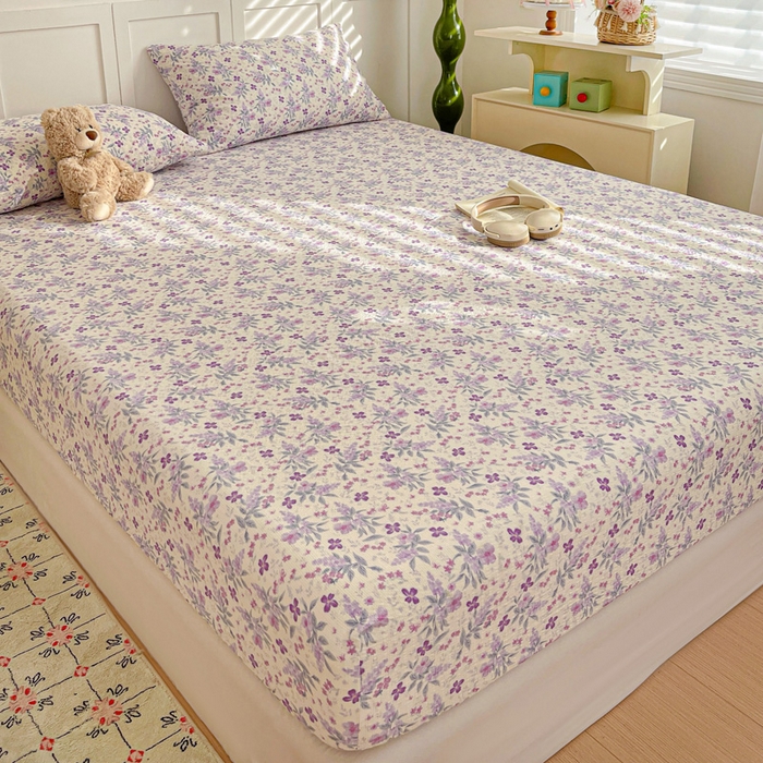 91家纺网 家纺一手货源 找家纺 小桃姐家纺 2025新款超柔印花云感泡芙双层纱床笠单件床笠二三件套 紫雾