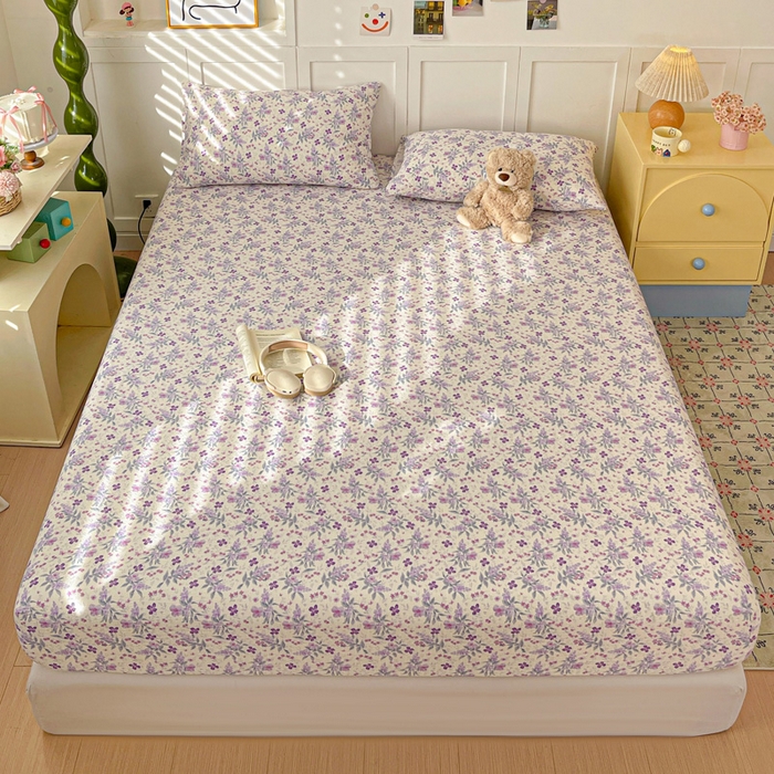 91家纺网 家纺一手货源 找家纺 小桃姐家纺 2025新款超柔印花云感泡芙双层纱床笠单件床笠二三件套 紫雾