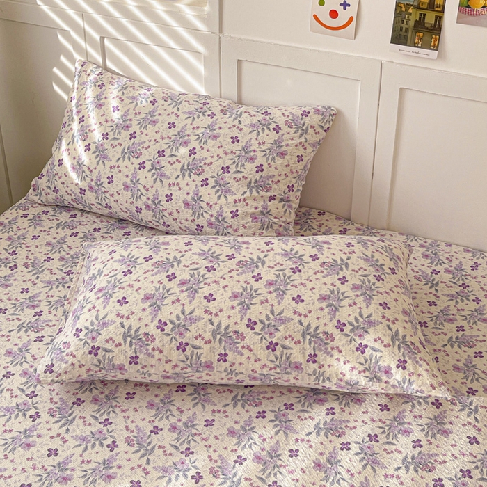 91家纺网 家纺一手货源 找家纺 小桃姐家纺 2025新款超柔印花云感泡芙双层纱床笠单件床笠二三件套 紫雾