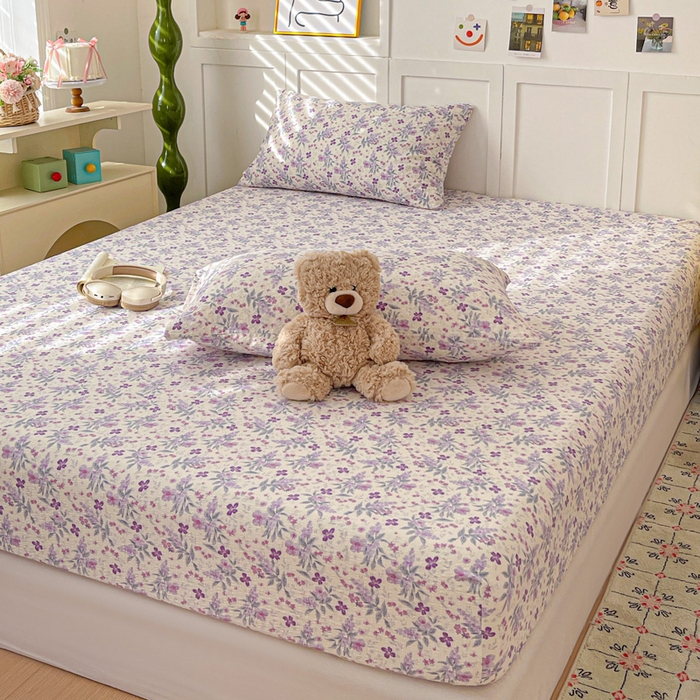 91家纺网 家纺一手货源 找家纺 小桃姐家纺 2025新款超柔印花云感泡芙双层纱床笠单件床笠二三件套 紫雾