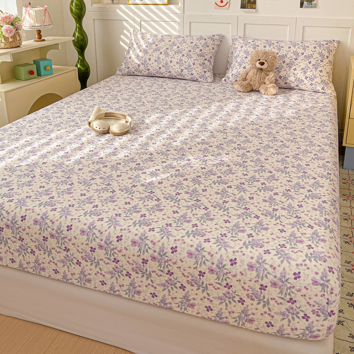 91家纺网 家纺一手货源 找家纺 小桃姐家纺 2025新款超柔印花云感泡芙双层纱床笠单件床笠二三件套 紫雾