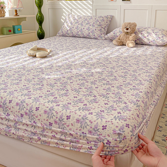 91家纺网 家纺一手货源 找家纺 小桃姐家纺 2025新款超柔印花云感泡芙双层纱床笠单件床笠二三件套 紫雾