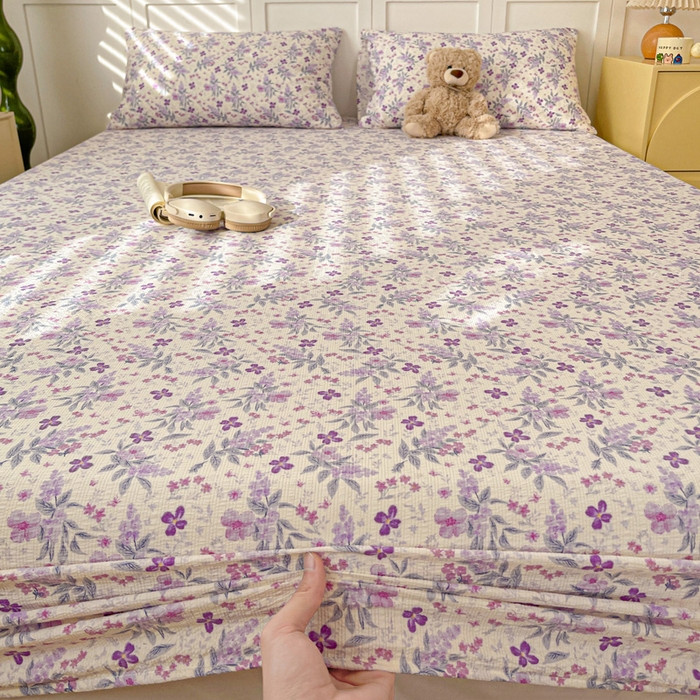 91家纺网 家纺一手货源 找家纺 小桃姐家纺 2025新款超柔印花云感泡芙双层纱床笠单件床笠二三件套 紫雾