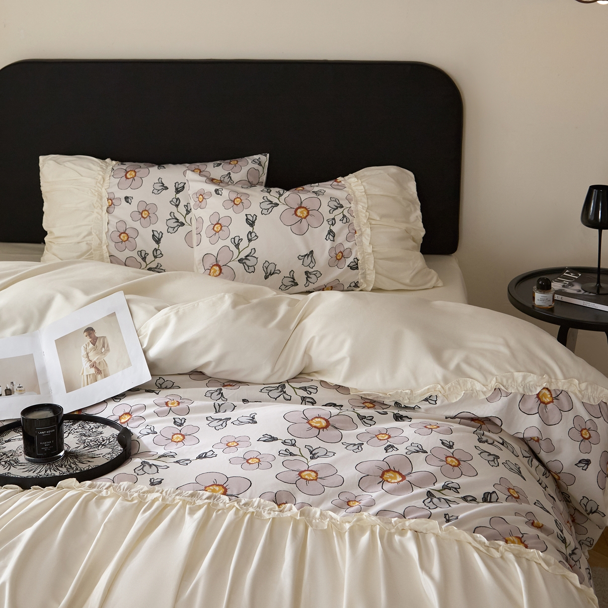 91家纺网 家纺一手货源 找家纺 （总）ONE TWO ONE 121 【会员-20 控价商品 提供买家秀】新款韩版花边公主风100s长绒棉全棉床上用品四件套拼接款【控价券后不得低于368/388元】