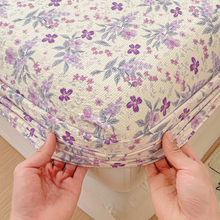 91家纺网 家纺一手货源 找家纺 小桃姐家纺 2025新款超柔印花云感泡芙双层纱床笠单件床笠二三件套 紫雾