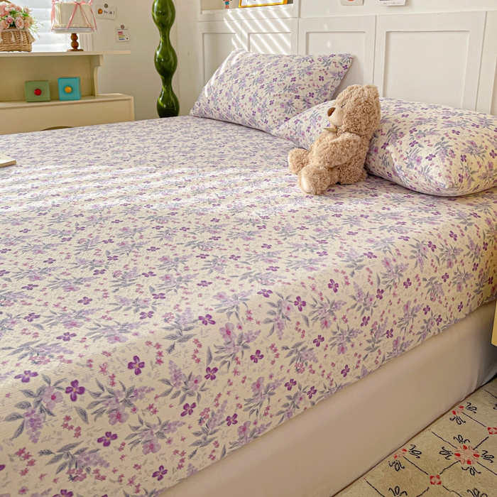 91家纺网 家纺一手货源 找家纺 小桃姐家纺 2025新款超柔印花云感泡芙双层纱床笠单件床笠二三件套 紫雾