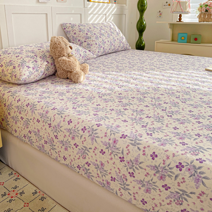 91家纺网 家纺一手货源 找家纺 小桃姐家纺 2025新款超柔印花云感泡芙双层纱床笠单件床笠二三件套 紫雾