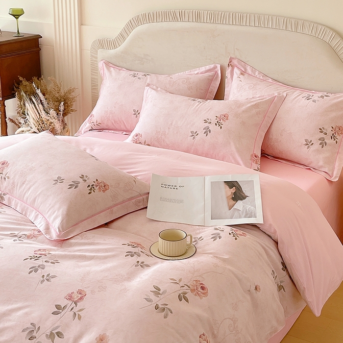 91家纺网 家纺一手货源 找家纺 梧桐树 2026新款高支密全棉纯棉印花四件套 A611妮可 粉