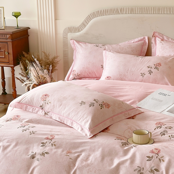 91家纺网 家纺一手货源 找家纺 梧桐树 2026新款高支密全棉纯棉印花四件套 A611妮可 粉