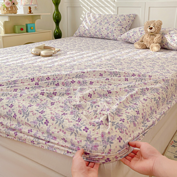 91家纺网 家纺一手货源 找家纺 小桃姐家纺 2025新款超柔印花云感泡芙双层纱床笠单件床笠二三件套 紫雾