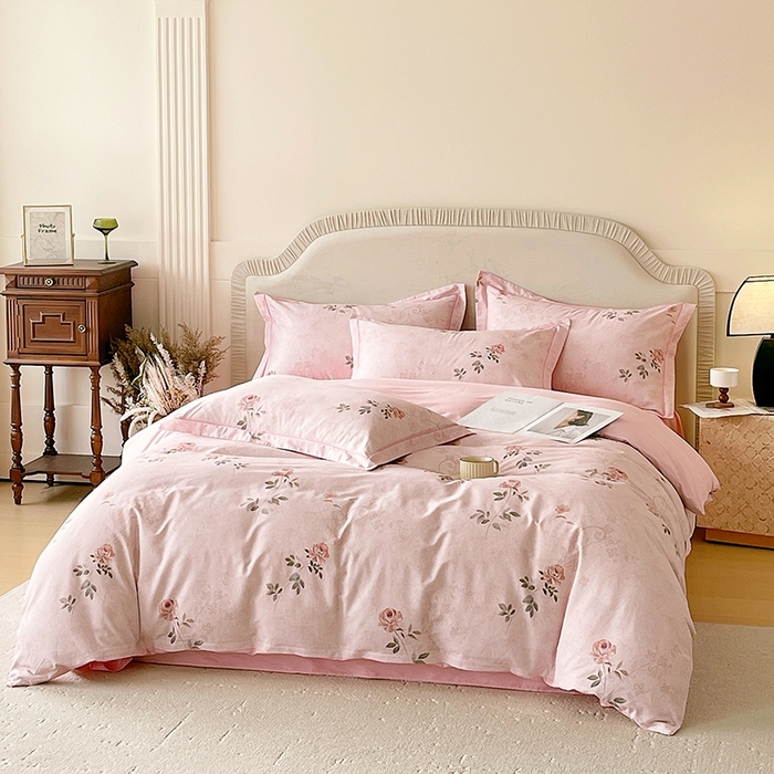 91家纺网 家纺一手货源 找家纺 梧桐树 2026新款高支密全棉纯棉印花四件套 A611妮可 粉